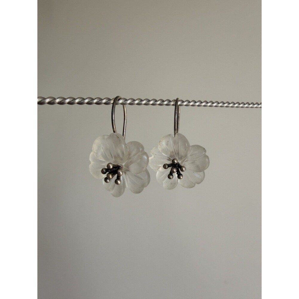 Women’s 925 Sterling Silver Carved White Crystal Flower Drop Earrings